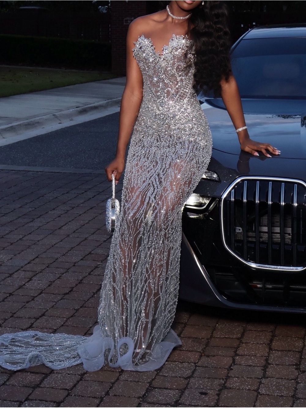 Silver Beaded Sheer Evening Gown